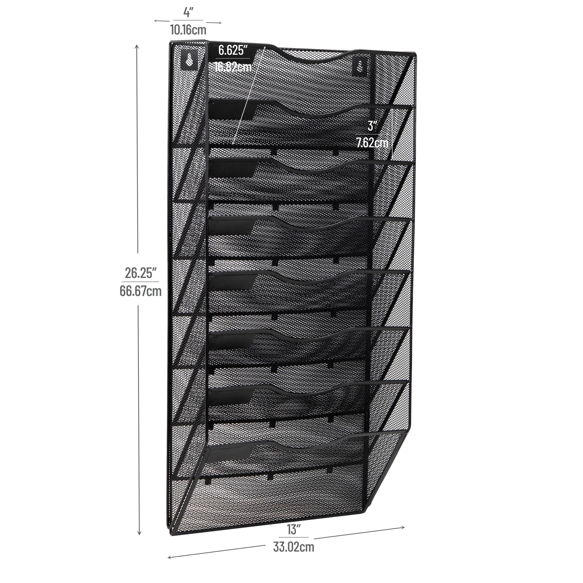 Mind Reader Wall File Organizer, 8 Pocket Hanging Document Rack, Office Wall Mount, Metal Mesh